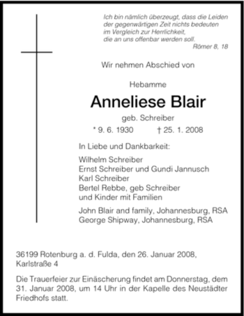 Traueranzeige von Anneliese Blair von HNA