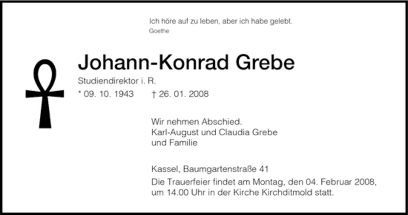  Traueranzeige für Johann-Konrad Grebe vom 30.01.2008 aus HNA
