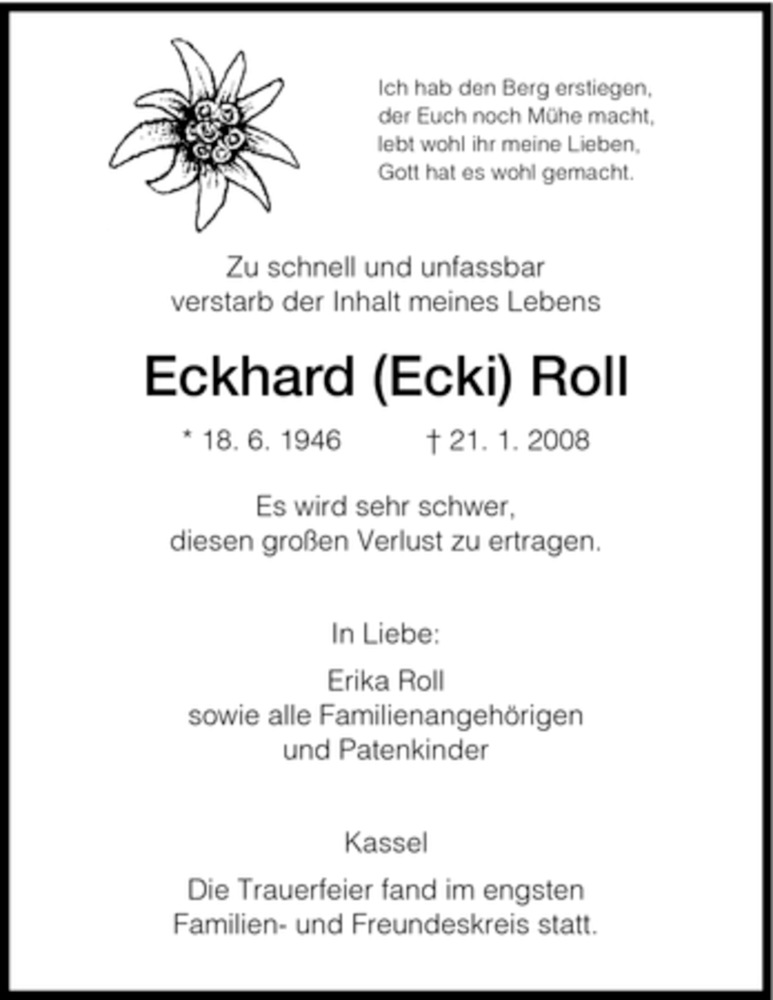  Traueranzeige für Eckhard Roll vom 01.02.2008 aus HNA
