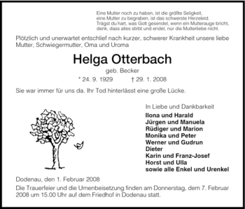 Traueranzeige von Helga Otterbach von HNA