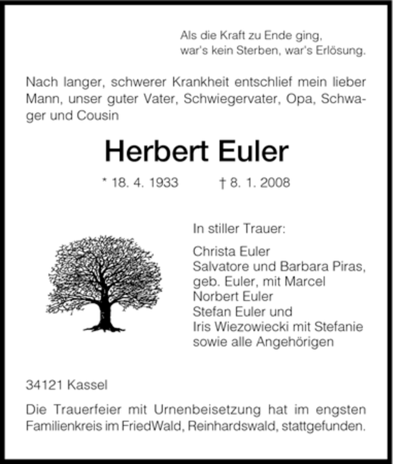  Traueranzeige für Herbert Euler vom 02.02.2008 aus HNA