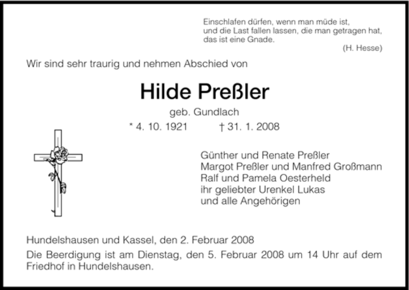  Traueranzeige für Hilde Pressler vom 02.02.2008 aus HNA