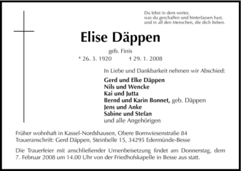 Traueranzeige von Elise Däppen von HNA