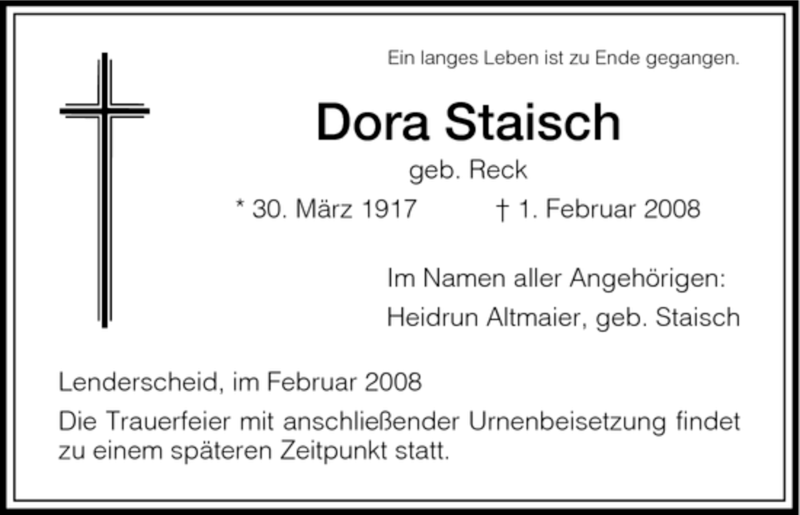  Traueranzeige für Dora Staisch vom 04.02.2008 aus HNA
