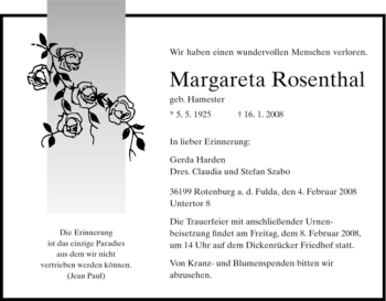 Traueranzeige von Margareta Rosenthal von HNA