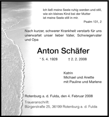 Traueranzeige von Anton Schäfer von HNA