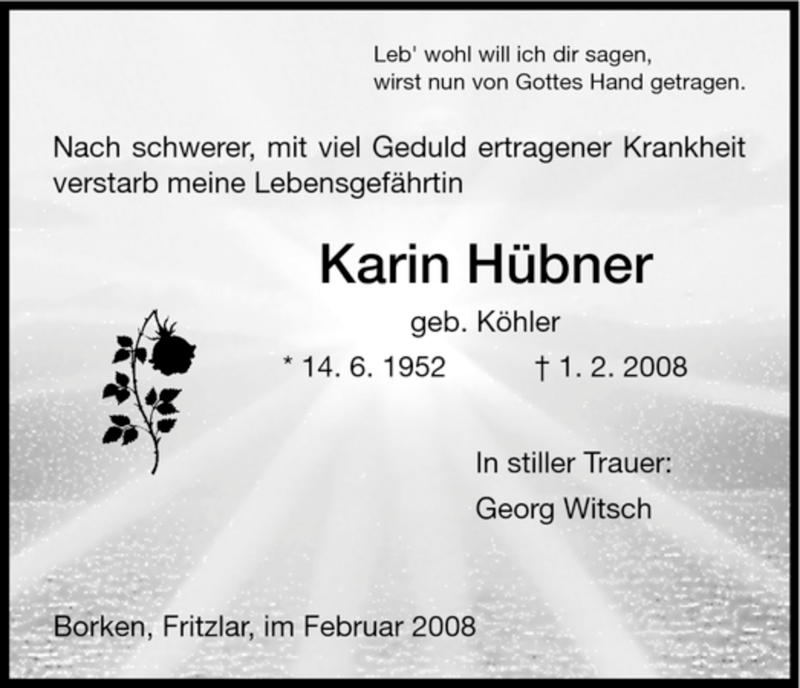  Traueranzeige für Karin Hübner vom 05.02.2008 aus HNA