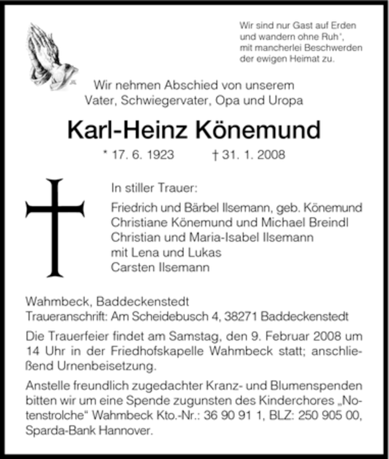  Traueranzeige für Karl-Heinz Könemund vom 05.02.2008 aus HNA