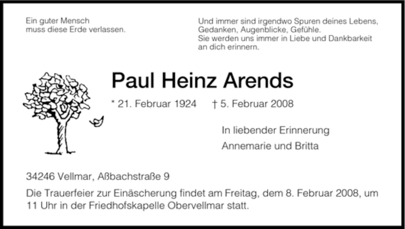  Traueranzeige für Paul Heinz Arends vom 06.02.2008 aus HNA