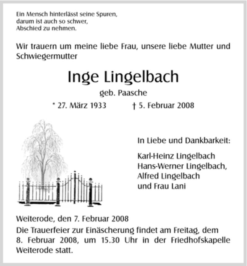  Traueranzeige für Inge Lingelbach vom 07.02.2008 aus HNA