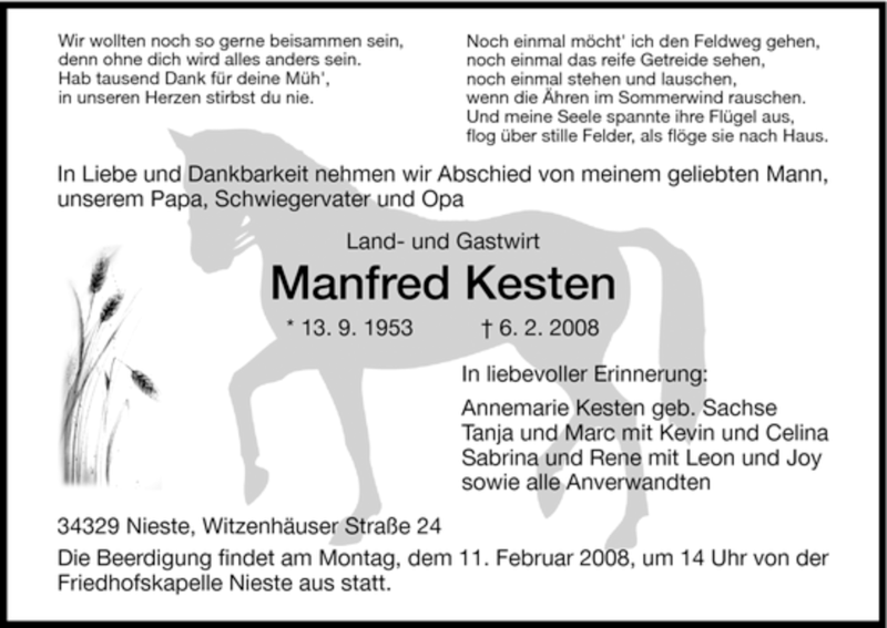  Traueranzeige für Manfred Kesten vom 08.02.2008 aus HNA