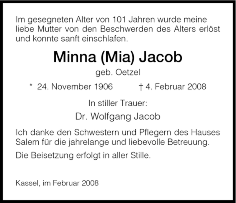  Traueranzeige für Minna Jacob vom 09.02.2008 aus HNA