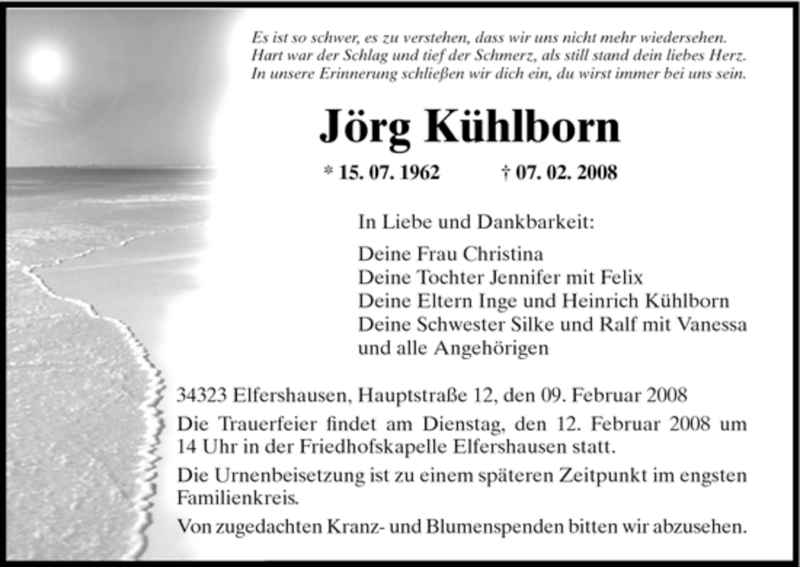  Traueranzeige für Jörg Kühlborn vom 09.02.2008 aus HNA