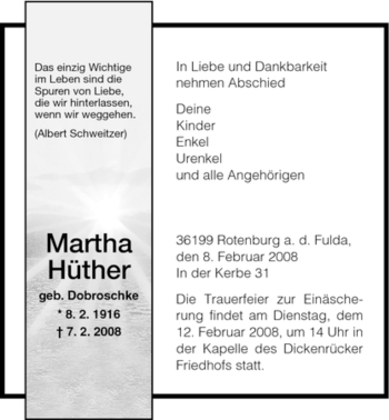 Traueranzeige von Martha Hüther von HNA