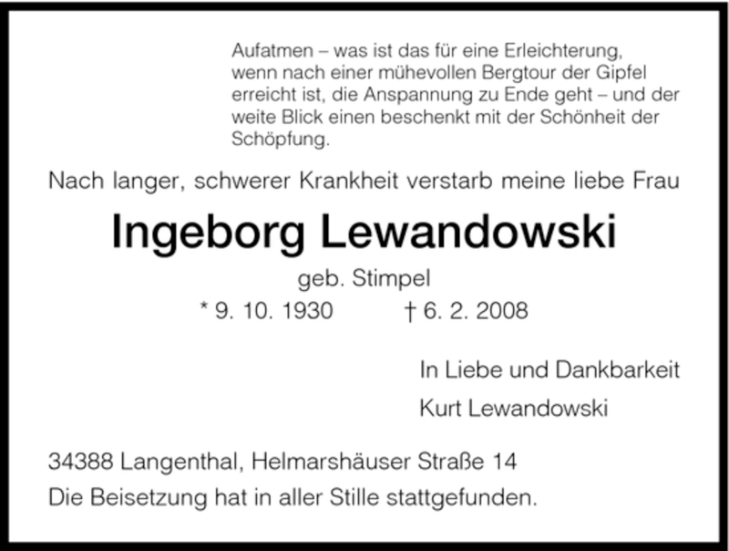  Traueranzeige für Ingeborg Lewandowski vom 09.02.2008 aus HNA