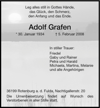 Traueranzeige von Adolf Grafen von HNA