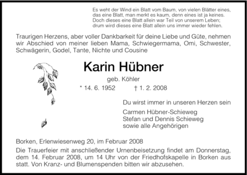  Traueranzeige für Karin Hübner vom 12.02.2008 aus HNA
