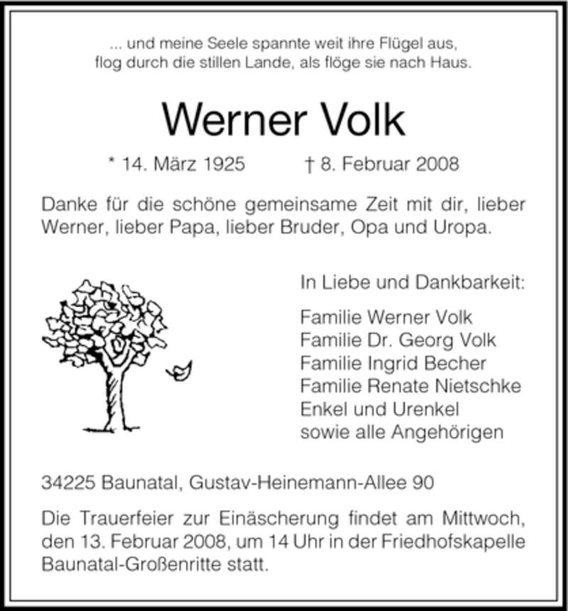  Traueranzeige für Werner Volk vom 12.02.2008 aus HNA