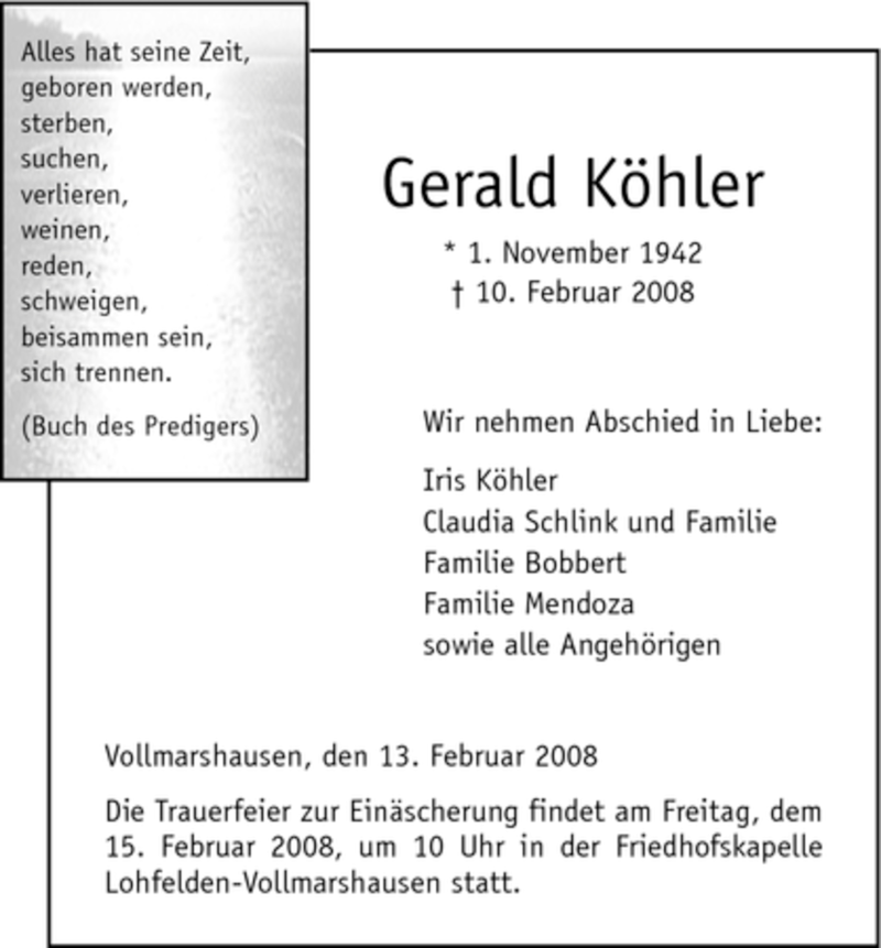  Traueranzeige für Gerald Köhler vom 13.02.2008 aus HNA
