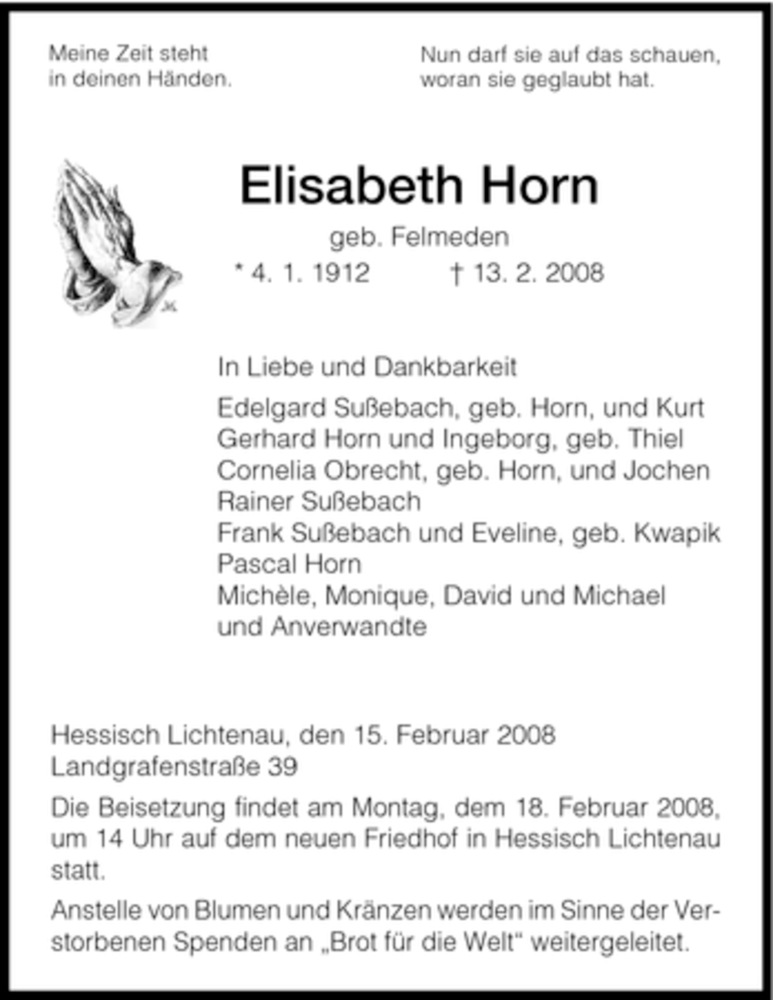  Traueranzeige für Elisabeth Horn vom 16.02.2008 aus HNA