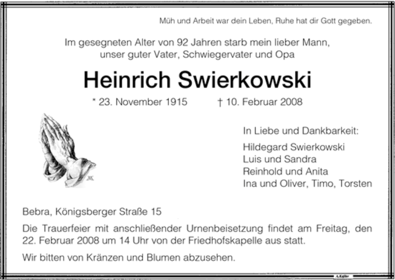  Traueranzeige für Heinrich Swierkowski vom 18.02.2008 aus HNA
