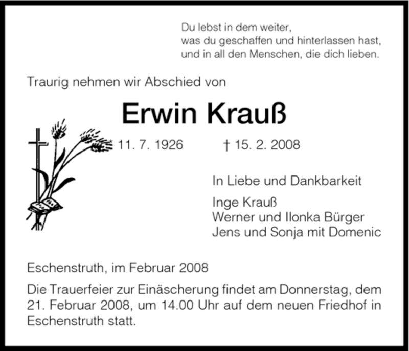  Traueranzeige für Erwin Krauß vom 19.02.2008 aus HNA