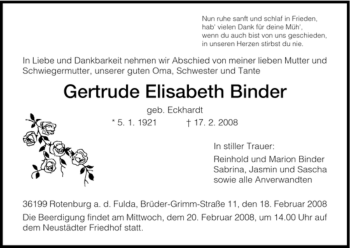 Traueranzeige von Gertrude Elisabeth Binder von HNA