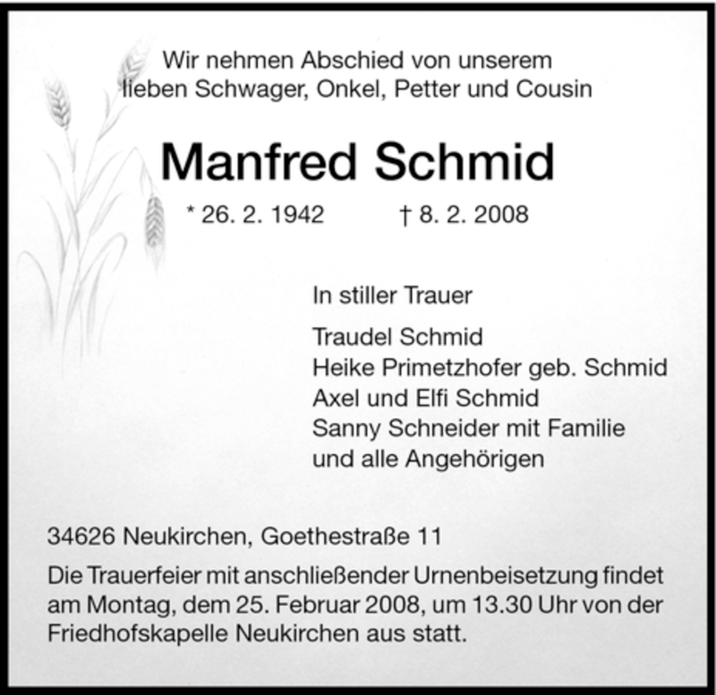  Traueranzeige für Manfred Schmid vom 20.02.2008 aus HNA