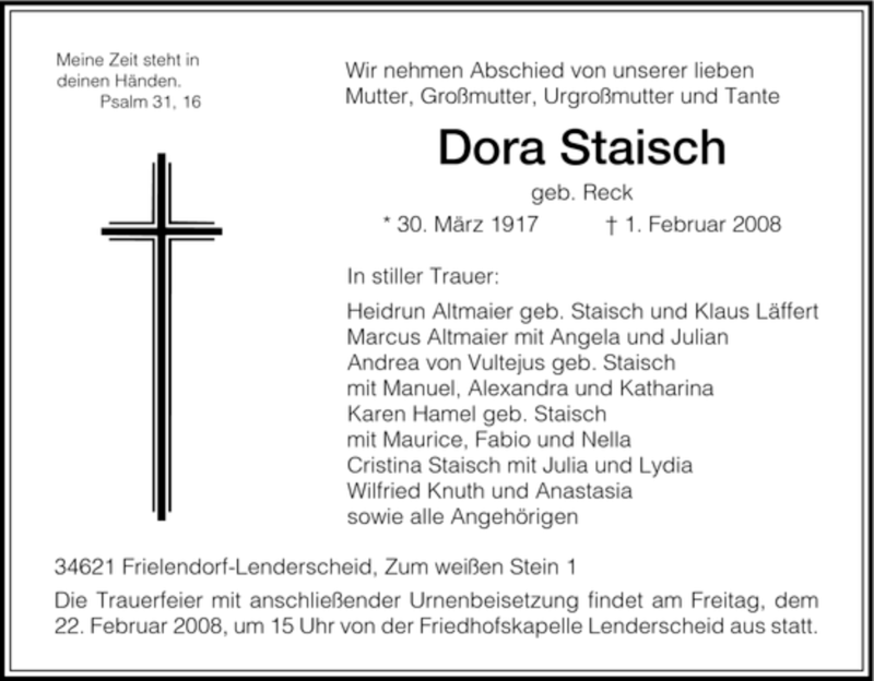  Traueranzeige für Dora Staisch vom 20.02.2008 aus HNA