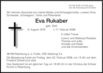 Traueranzeige von Eva Rukaber von HNA
