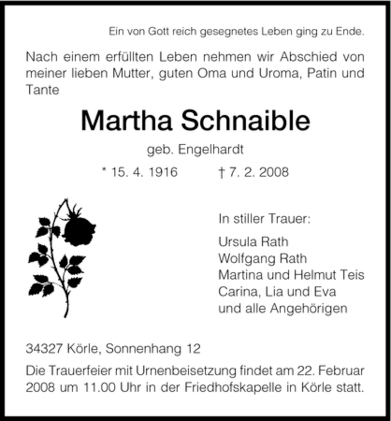  Traueranzeige für Martha Schnaible vom 21.02.2008 aus HNA