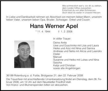 Traueranzeige von Hans Werner Apel von HNA
