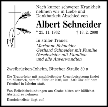 Traueranzeige von Albert Schneider von HNA