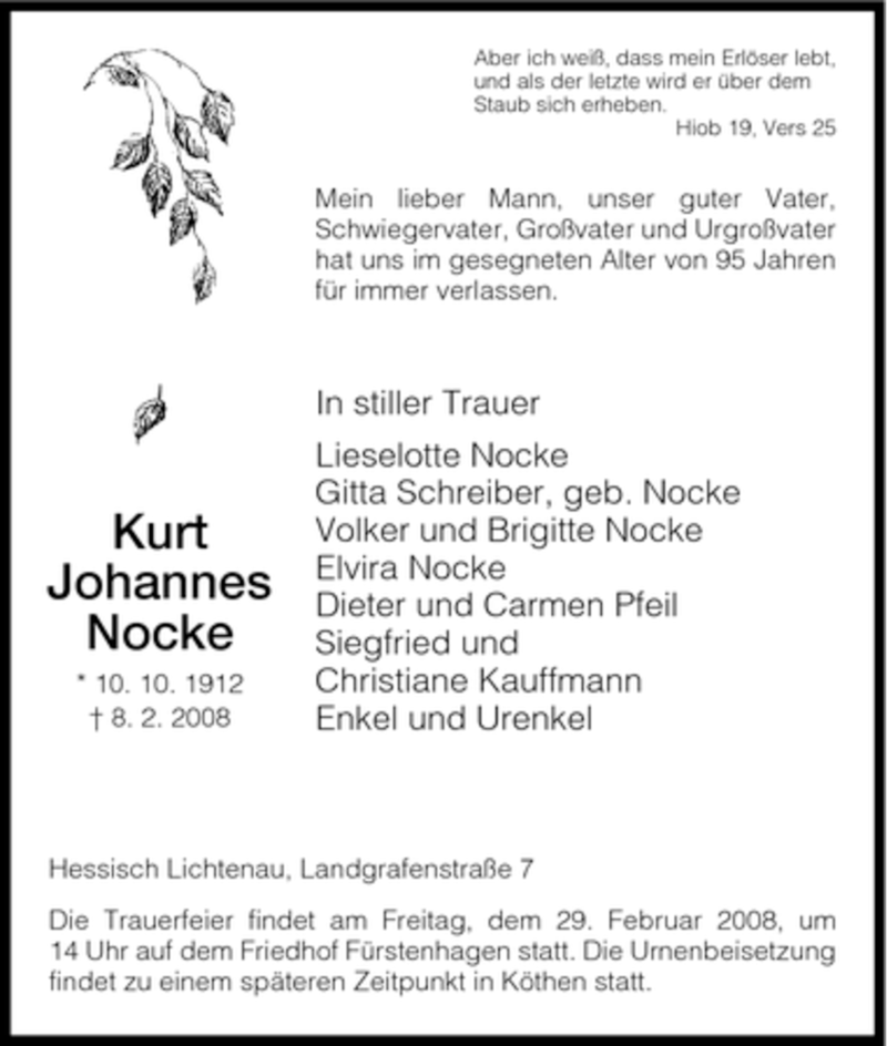  Traueranzeige für Kurt Johannes Nocke vom 27.02.2008 aus HNA