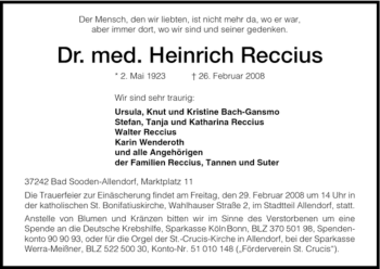 Traueranzeige von Heinrich Reccius von HNA