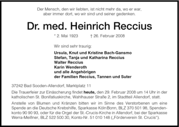 Traueranzeige von Heinrich Reccius von HNA