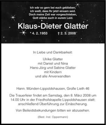 Traueranzeige von Klaus-Dieter Glatter von HNA