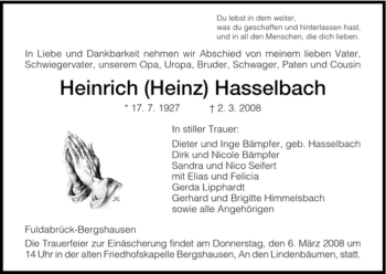 Traueranzeige von Heinrich Hasselbach von HNA