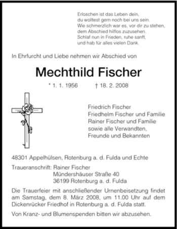 Traueranzeige von Mechthild Fischer von HNA