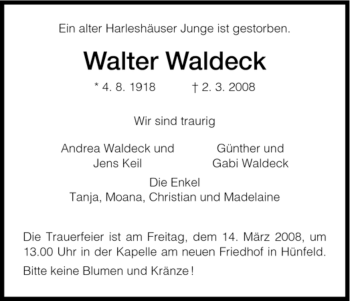 Traueranzeige von Walter Waldeck von HNA