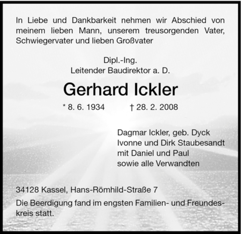  Traueranzeige für Gerhard Ickler vom 08.03.2008 aus HNA