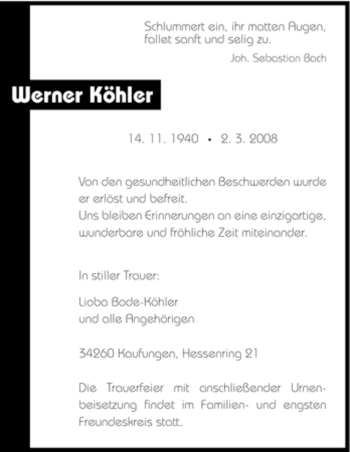 Traueranzeige von Werner Köhler von HNA