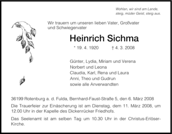 Traueranzeige von Heinrich Sichma von HNA