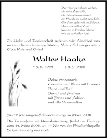 Traueranzeige von Walter Haake von HNA