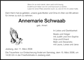 Traueranzeige von Annemarie Schwab von HNA