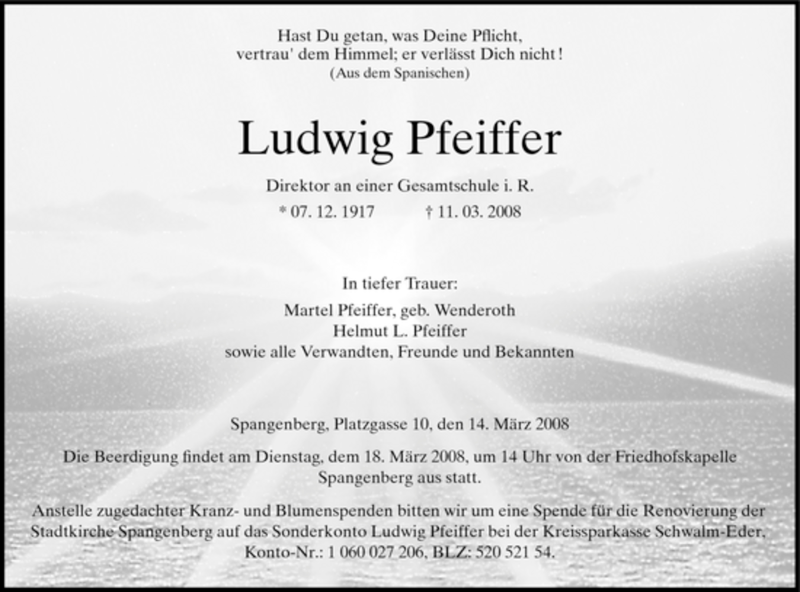  Traueranzeige für Ludwig Pfeiffer vom 14.03.2008 aus HNA