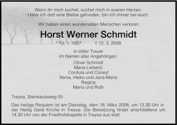 Traueranzeige von Horst Werner Schmidt von HNA