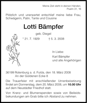Traueranzeige von Lotti Bämpfer von HNA