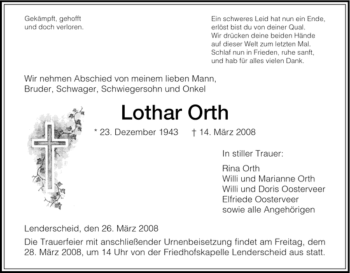 Traueranzeige von Lothar Orth von HNA
