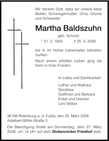 Traueranzeige von Martha Baldszuhn von HNA
